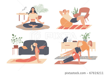 Home workout. People doing exercises. Man, woman, family doing sports at home Home workout. People doing exercises. Man, woman, family doing sports at home 67819211