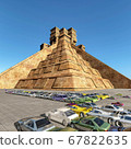 Mayan Pyramid surrounded by a huge paking lot filled with cars 3d rendering 67822635