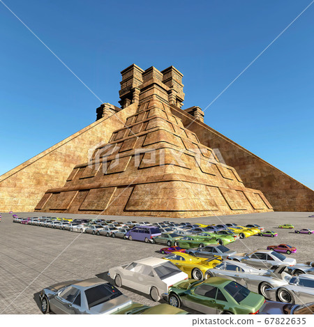 Mayan Pyramid surrounded by a huge paking lot filled with cars 3d rendering 67822635