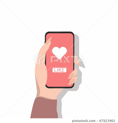 Female Hand Holding Phone With Like Icon, White Background, Illustration 67823902