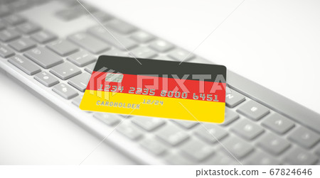 Plastic bank card depicting flag of Gemany on computer keyboard. Fictional numbers Plastic bank card depicting flag of Gemany on computer keyboard. Fictional numbers 67824646