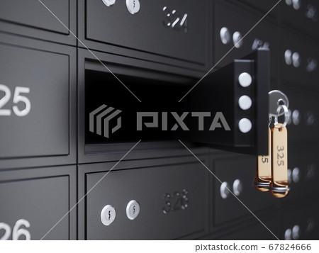 Deposit box opened with key and golden label 67824666