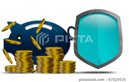 Piggy bank and stack of coins with shield - Stock Illustration ...