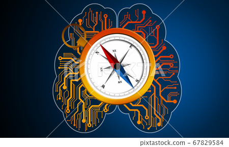 Human brain and compass in blue background 67829584