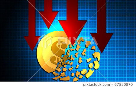 Red downward arrows with shatter coin Red downward arrows with shatter coin 67830870