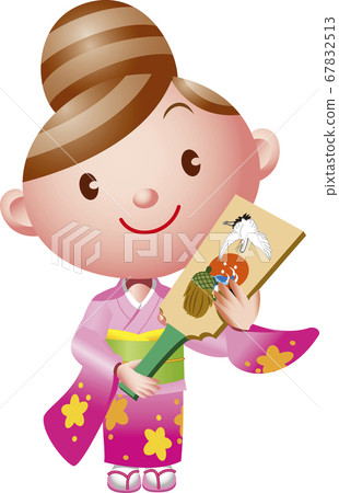 Girl in furisode holding a battledore diagonally to the upper left 67832513