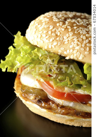 Single Teriyaki burger shot against a black background 67834014