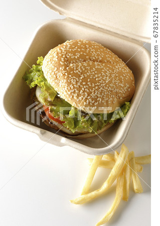 Teriyaki burger and potato fries in a burger box (white background) 67835214