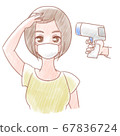 Woman in mask taking thermometer with non-contact thermometer 67836724