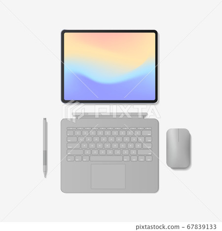 modern tablet computer with keyboard mouse pen and colored screen 67839133