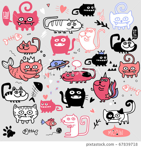Activities Funny Doodle Cats Set . Vector Hand - Stock Illustration ...