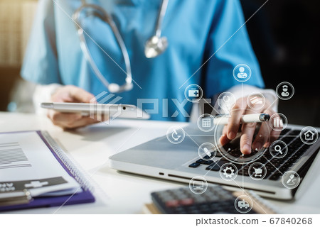 Medicine doctor hand working with modern digital tablet computer interface as medical network concept. Medicine doctor hand working with modern digital tablet computer interface as medical network concept. 67840268