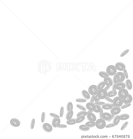 Russian ruble coins falling. Scattered black and w Russian ruble coins falling. Scattered black and w 67840878