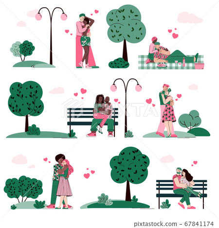 Couples dating and hugging in summer park cartoon vector illustration isolated. 67841174