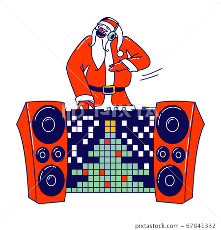 Santa Claus DJ in Red Traditional Costume and Headset Making Music at Console at Night Club. Cool Christmas Disco Party 67841332