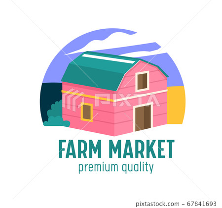 Farm or Farmer Market Banner with Wooden Barn on Ranch. Ecological Natural Organic Production Advertising Promo Poster Farm or Farmer Market Banner with Wooden Barn on Ranch. Ecological Natural Organic Production Advertising Promo Poster 67841693