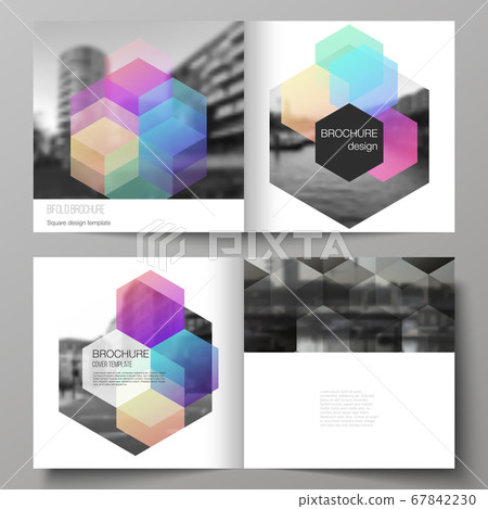 Vector layout of two covers templates with colorful hexagons, geometric shapes, tech background for square design bifold brochure, flyer, magazine, cover design, book design, brochure cover. 67842230
