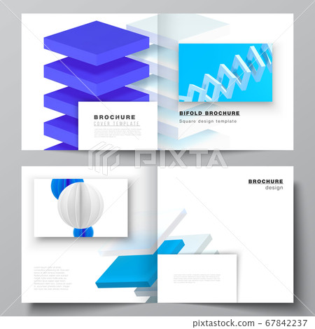 Vector layout of two covers template for square bifold brochure, flyer, magazine, cover design, book design, brochure cover. 3d render vector composition with realistic geometric blue shapes in motion Vector layout of two covers template for square bifold brochure, flyer, magazine, cover design, book design, brochure cover. 3d render vector composition with realistic geometric blue shapes in motion 67842237