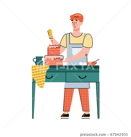 Man cartoon character baking and decorating a cake vector illustration isolated. 67842935