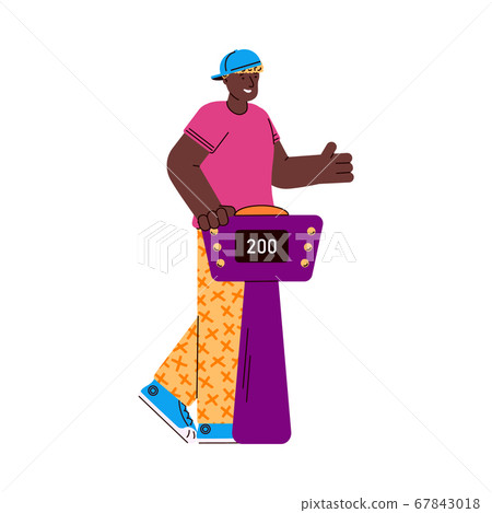 TV quiz show player at stand with buttons cartoon vector illustration isolated. TV quiz show player at stand with buttons cartoon vector illustration isolated. 67843018