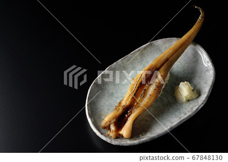 A handful of roasted conger eel served on a plate (black background) A handful of roasted conger eel served on a plate (black background) 67848130