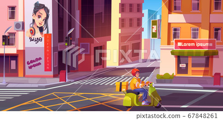 Courier riding scooter on street, delivery service 67848261