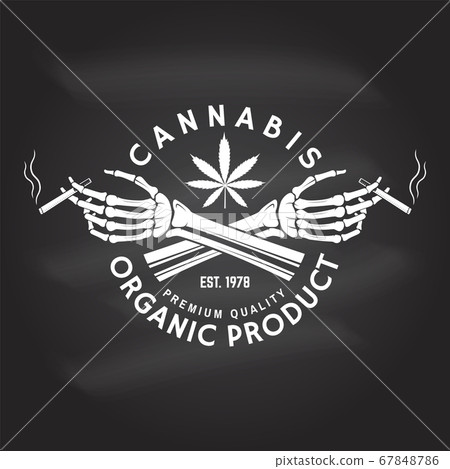 Medical cannabis badge, label with skeleton hand, smoking marijuana Vector. Vintage typography logo design with cannabis, skeleton hand silhouette For weed shop, cannabis, marijuana delivery service 67848786