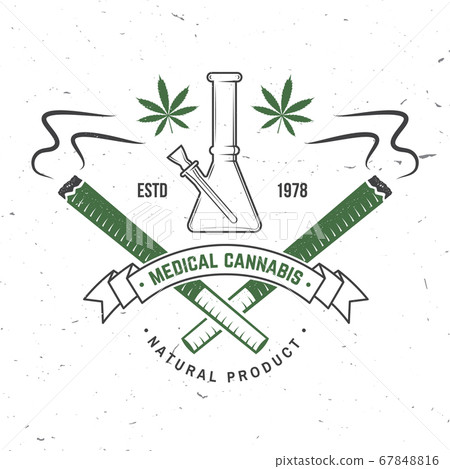 Medical cannabis badge, label with cannabis leaf and glass bong. Vector Vintage typography logo design with cannabis leaf and glass bong silhouette For weed shop, cannabis, marijuana delivery service Medical cannabis badge, label with cannabis leaf and glass bong. Vector Vintage typography logo design with cannabis leaf and glass bong silhouette For weed shop, cannabis, marijuana delivery service 67848816