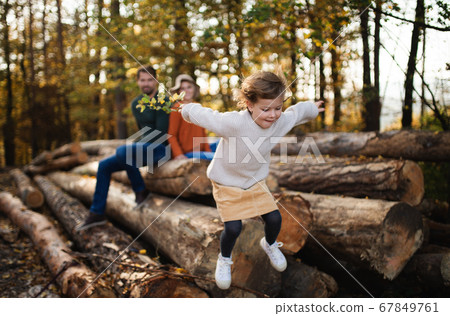 Small girl with parents on a walk in autumn forest, jumping. Small girl with parents on a walk in autumn forest, jumping. 67849761
