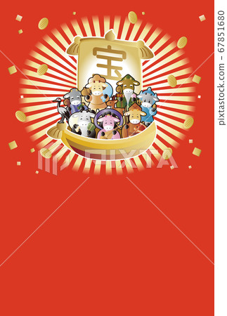 New Year's card 2021 oxen treasure ship Shichifukujin postcard vertical New Year's card 2021 oxen treasure ship Shichifukujin postcard vertical 67851680