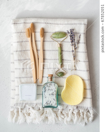 Flat lay of various woman skin care and hygiene products  67852051