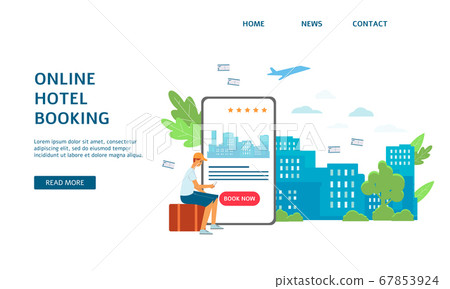 Landing page or a banner with the application for booking and reservation of hotels online. Landing page or a banner with the application for booking and reservation of hotels online. 67853924