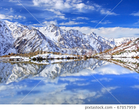 反映日本阿爾卑斯山的天然池塘(白馬山和八尺池) 反映日本阿爾卑斯山的天然池塘(白馬山和八尺池) 67857959