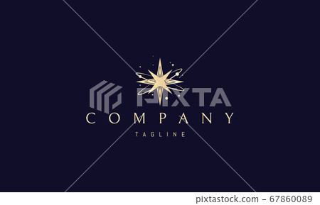Vector golden logo on which an abstract image of a big bang in the form of stars and planets. 67860089