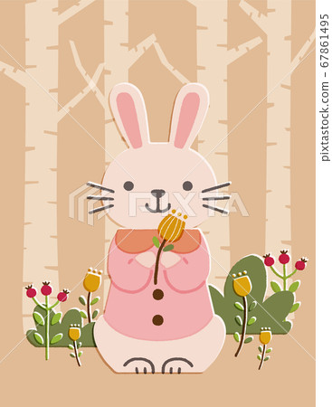Illustration of a rabbit holding a small flower in the autumn forest Illustration of a rabbit holding a small flower in the autumn forest 67861495
