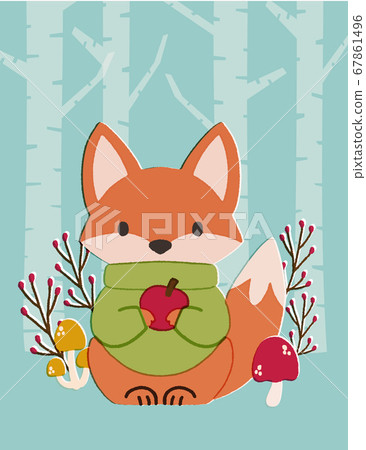 一隻狐狸在秋天的樹林舉行一個蘋果的插圖 一隻狐狸在秋天的樹林舉行一個蘋果的插圖 67861496