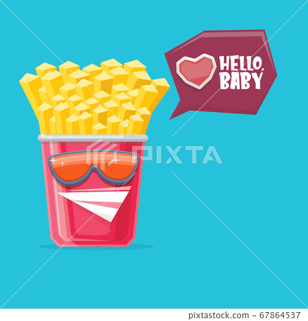 vector funny cartoon french fries potato box character with sunglasses isolated on blue background. funky smiling food character vector funny cartoon french fries potato box character with sunglasses isolated on blue background. funky smiling food character 67864537