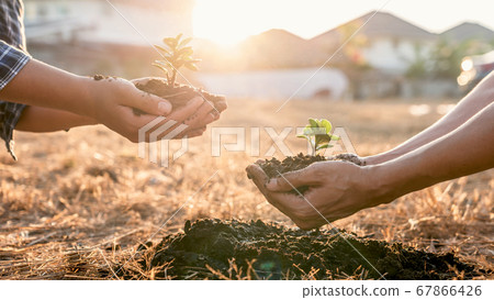 Environment earth day in hands, two people holding 67866426