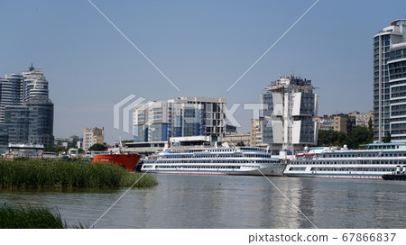 Rostov-on-Don, Russia - July 01, 2020 : Ships on the Don river, view from the left bank  67866837