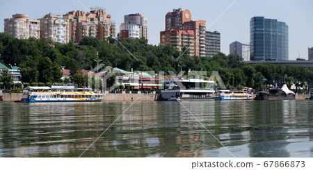 Rostov-on-Don, Russia - July 01, 2020 : Ships on the Don river, view from the left bank  67866873