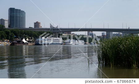 Rostov-on-Don, Russia - July 01, 2020 : Ships on the Don river, view from the left bank  67866874