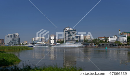 Rostov-on-Don, Russia - July 01, 2020 : Ships on the Don river, view from the left bank  67866889