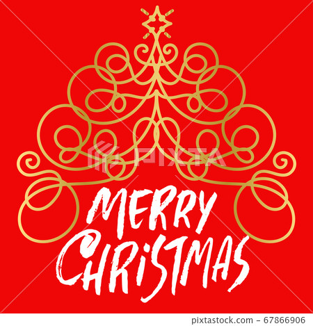 Hand drawn phrase Merry Christmas with golden abstract spruce. Modern dry brush lettering design. Vector typography abstract illustration. 67866906