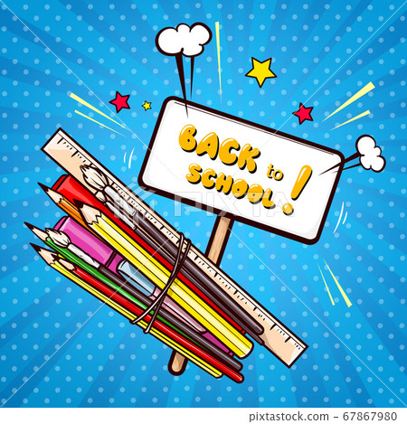Stationery and banner with Back to school... - Stock Illustration ...