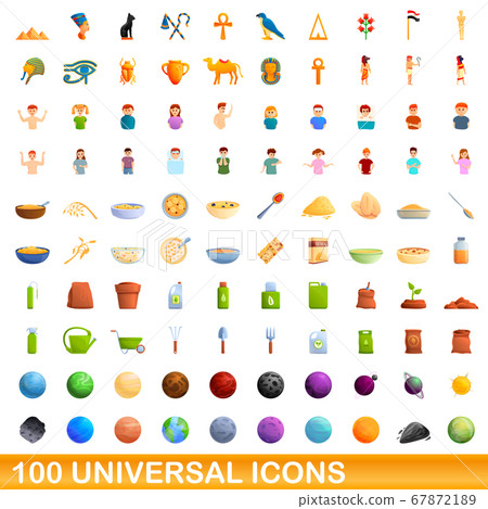 100 universal icons set, cartoon style 67872189