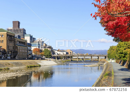京都，秋天的鴨川和秋天的落葉 67872258