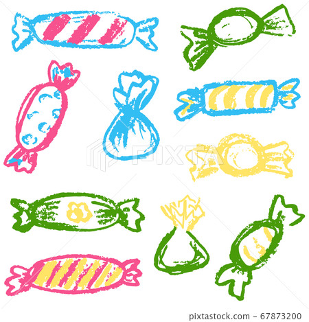Children's drawing with colored wax crayons. Design elements of packaging, postcards, wraps, covers. Sweet children's creativity. Candy, sweets 67873200