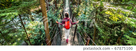 Canada travel people lifestyle banner. Tourist woman walking in famous attraction Capilano Suspension Bridge in North Vancouver, British Columbia, canadian vacation destination for tourism Canada travel people lifestyle banner. Tourist woman walking in famous attraction Capilano Suspension Bridge in North Vancouver, British Columbia, canadian vacation destination for tourism 67875100