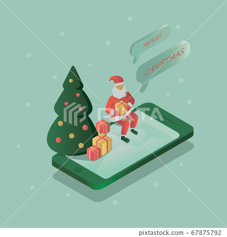 Christmas isometric illustration. Santa Claus delivering gifts, online presents to people, 3D Vector Santa throwing gifts into smart phone. Flat design icon template for sale, delivery. 67875792