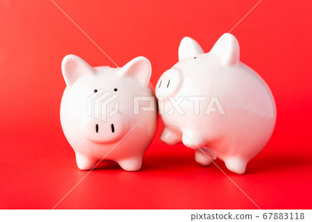 Front two small white fat piggy bank, studio shot Front two small white fat piggy bank, studio shot 67883118